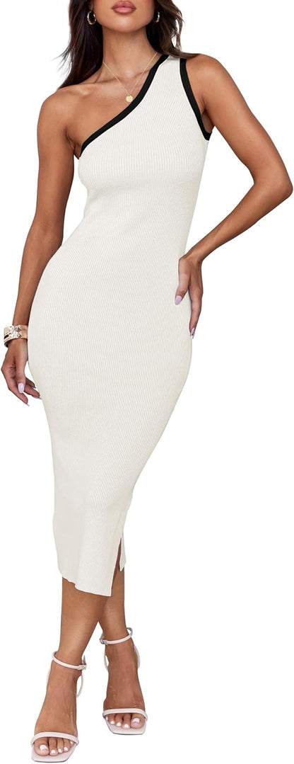 ZESICA Women's 2025 Summer One Shoulder Bodycon Midi Dresses Casual Sleeveless Ribbed Knit Side Slit Sweater Dress