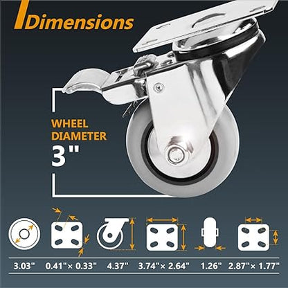 POWERTEC 3 Inch Swivel Caster Wheels Set of 4 with Brake  880 lbs Loads, Heavy Duty Plate Casters, Dual Locking PU Castor Wheels for Furniture, Cart, Dolly and Workbenches (17208V)