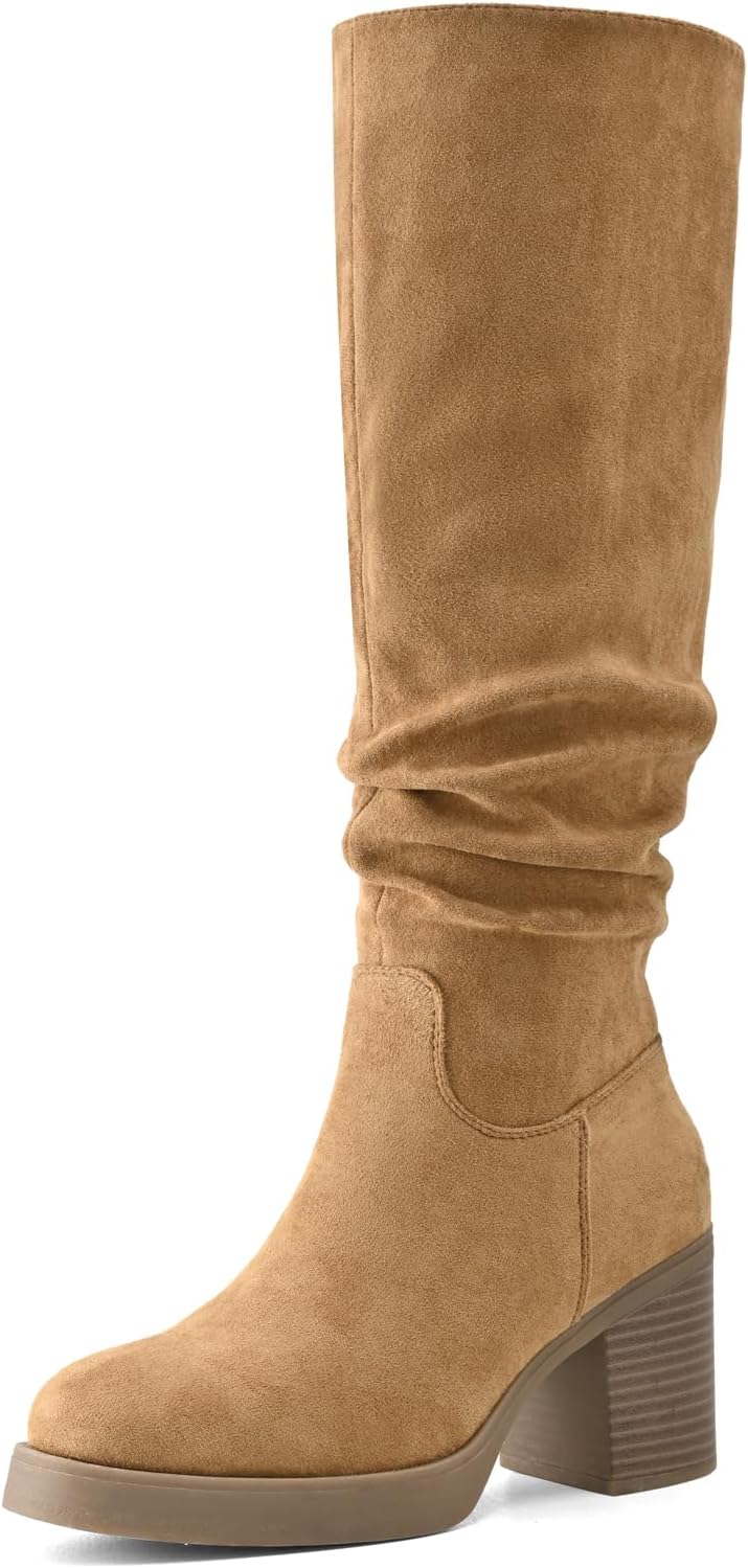 Knee High Boots for Women Chunky Heel Platform Slouchy Stretchy Suede Round Toe with Side Zipper Fall and Winter Fashion Comfortable Boots