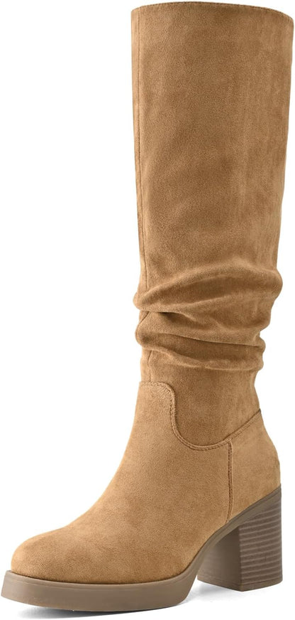 Knee High Boots for Women Chunky Heel Platform Slouchy Stretchy Suede Round Toe with Side Zipper Fall and Winter Fashion Comfortable Boots