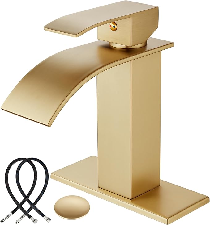 Midanya Bathroom Sink Faucet, Waterfall Nozzle, Single Handle, 1 Hole, Deck Mount, Commercial Vanity Mixer Faucet with Fold-Out Drain, Short, Brushed Gold