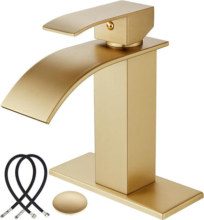 Midanya Bathroom Sink Faucet, Waterfall Nozzle, Single Handle, 1 Hole, Deck Mount, Commercial Vanity Mixer Faucet with Fold-Out Drain, Short, Brushed Gold