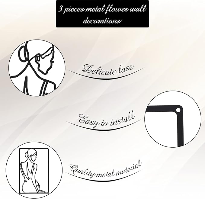 CHENGU 3 Pieces Metal Minimalist Abstract Woman Wall Art Line Drawing Wall Art Decor Single Line Female Home Hanging for Kitchen Bathroom Living Room