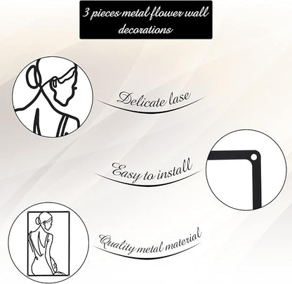 CHENGU 3 Pieces Metal Minimalist Abstract Woman Wall Art Line Drawing Wall Art Decor Single Line Female Home Hanging for Kitchen Bathroom Living Room