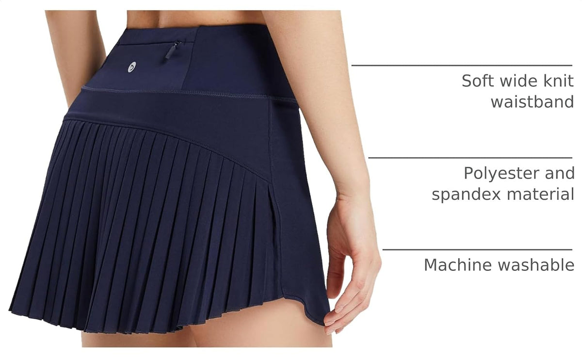 Baleaf pleated tennis skirt, high-waisted, tummy control, multiple pockets, fashionable and practical for active lifestyle.