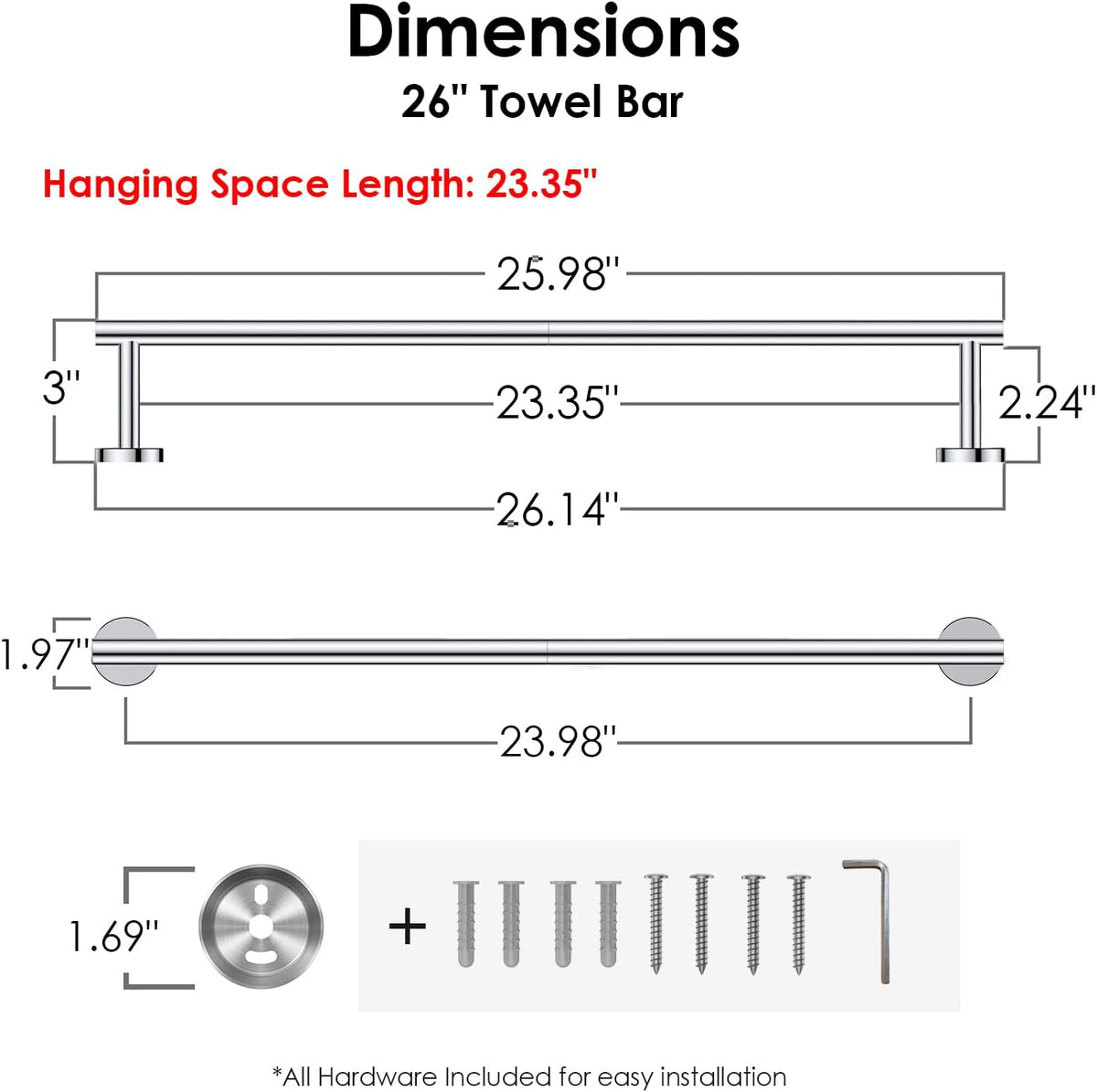 FORIOUS Towel Racks for Bathroom Wall Mounted, Stainless Steel Bathroom Towel Rack 24 Inch, Includes Wall Mounting Hardware (Chrome)