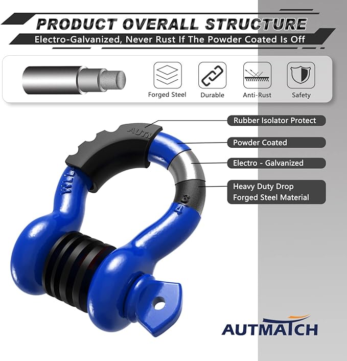 AUTMATCH D Ring Shackle 34" Shackles (2 Pack) 41,887Ibs Break Strength - Clevis Shackle with 78" Screw Pin and Shackle Isolator Washers Kit for Tow Strap Winch Off Road Vehicle Recovery, Blue