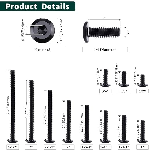 14-20 x 1-14" Black Hex Socket Head Cap Screws, 304 Stainless Steel 18-8, Furniture Bolts, Connector Screws, Black Coated, Full Thread, 25 PCS