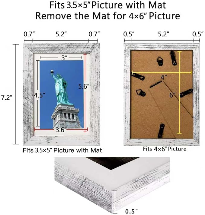 4x6 Picture Frame Brown Wood Pattern with HD Plexiglass,Display Pictures 3.5x5 with Mat or 4x6 Without Mat, Horizontal and Vertical Formats for Wall and Table Mounting, 2 Packs (brown and white)