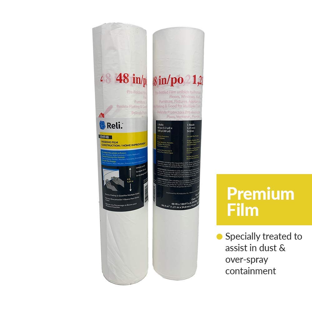 Reli. Masking Film, 1 Roll | 180' Foot x 48" Inch | Masking Plastic Film, Pre-Folded | Hand Masker for Painting & Automotive | Plastic Overspray Protection