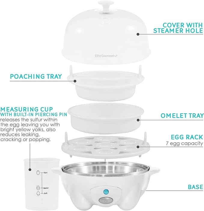 Elite Gourmet EGC-007 Rapid Egg Cooker, 7 Easy-To-Peel, Hard, Medium, Soft Boiled Eggs, Poacher, Omelet Maker, Auto Shut-Off, Alarm, 16-Recipe Booklet, White