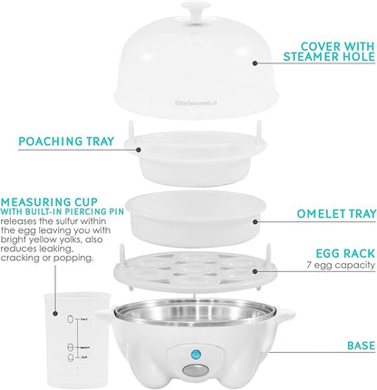 Elite Gourmet EGC-007 Rapid Egg Cooker, 7 Easy-To-Peel, Hard, Medium, Soft Boiled Eggs, Poacher, Omelet Maker, Auto Shut-Off, Alarm, 16-Recipe Booklet, White