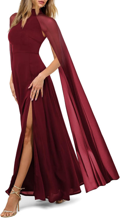 Aisbei Women's Elegant Mock Neck Slit A Line Flowy Maxi Dress Evening Gowns Party Formal Wedding Guest Dresses with Cape
