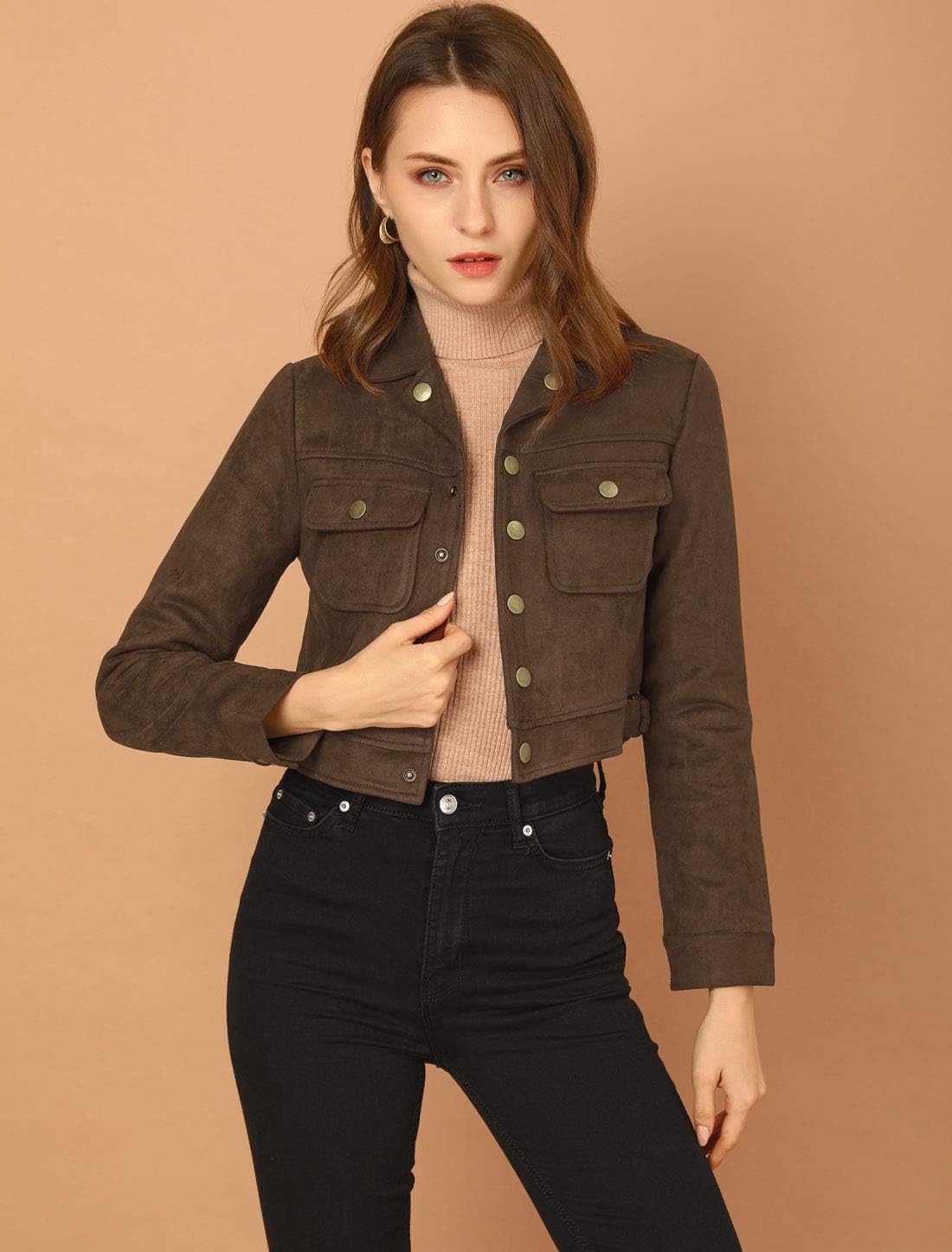 Allegra K Women's Faux Suede Jacket Button Down Collar Pockets Crop Moto Biker Coat