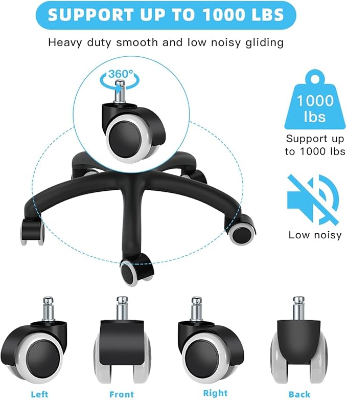 Office Chair Caster Wheels Replacement(Set of 5) for Hardwood Floors and Carpet- Heavy Duty Caster Support up to 1000bls, Office Rubber Chair Wheels,2 inch,Universal Size (White)