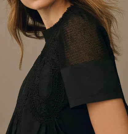 VAOYIU Women Lace-Detail Flared Blouse Short-Sleeve Crew Neck Lace Poplin Mesh Swing Top Elegant Loose Intricate Back Design