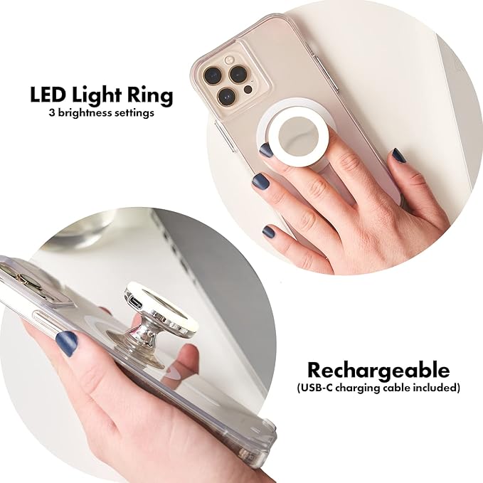 LuMee - Minis - Phone Grip - Cell Phone Holder wLightup Grip Mirror - Removable for Wireless Charging Suction Cup LED Light Ring for iPhone 16 Pro Max15 Pro Max 14 Pro Max 13 S25 Ultra Pixel 9