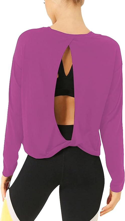 Bestisun Long Sleeve Workout Shirts Yoga Dance Tops Open Back Athletic Clothes for Women