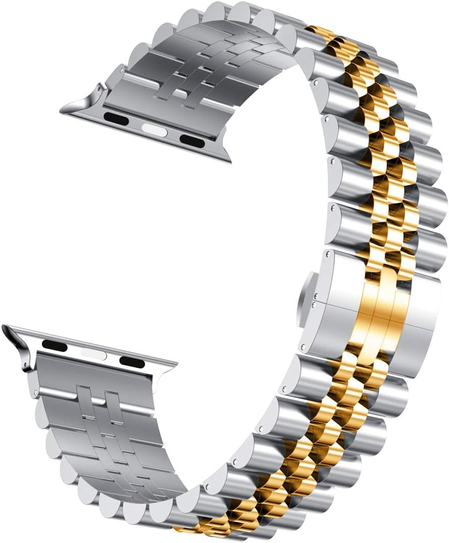 Wolait Compatible with Apple Watch Ultra 3/Ultra 2 Band 49mm 46mm 45mm 44mm 42mm,Stainless Steel Heavy iWatch Band with Butterfly Folding Clasp Link Bracelet for Series 11-1/SE3/2/Men,Silver/Gold