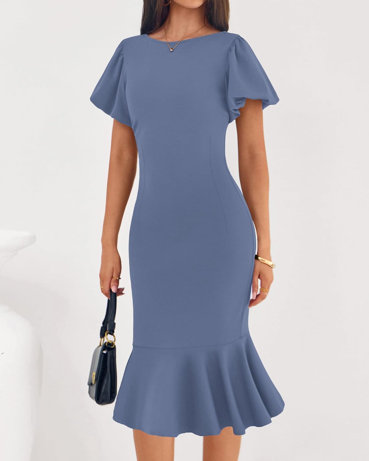 BTFBM Women Formal Wedding Guest Cocktail Dresses 2026 Short Sleeve Ruffle Mermaid Work Bodycon Elegant Midi Summer Dress .