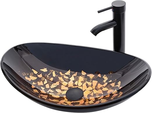 Vessel Sink Bathroom Sinks Tempered Glass Art Basin 20.8"x13.7" Oval Bowl Above Counter with Faucet and Pop-Up Drain Combo, Oval Brown(20202C)
