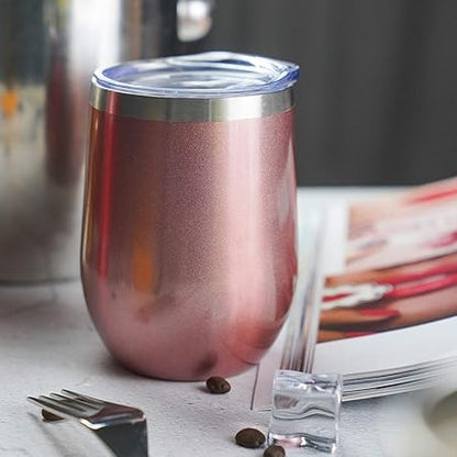 Wine Tumbler - 12 oz Stainless Steel Tumbler with Lid,Stemless Double Wall Vacuum Insulated Travel Cup for Wine,Coffee,Cocktails(Rose Gold,2 Pack)