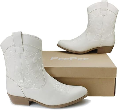 PEPPEP Western Cowgirl Cowboy Ankle Boots for Women or Ladies, Mid Calf, Vegan Leather Embroidered Upper, Low Heel, Fashionable Pointed-toe, Well Made