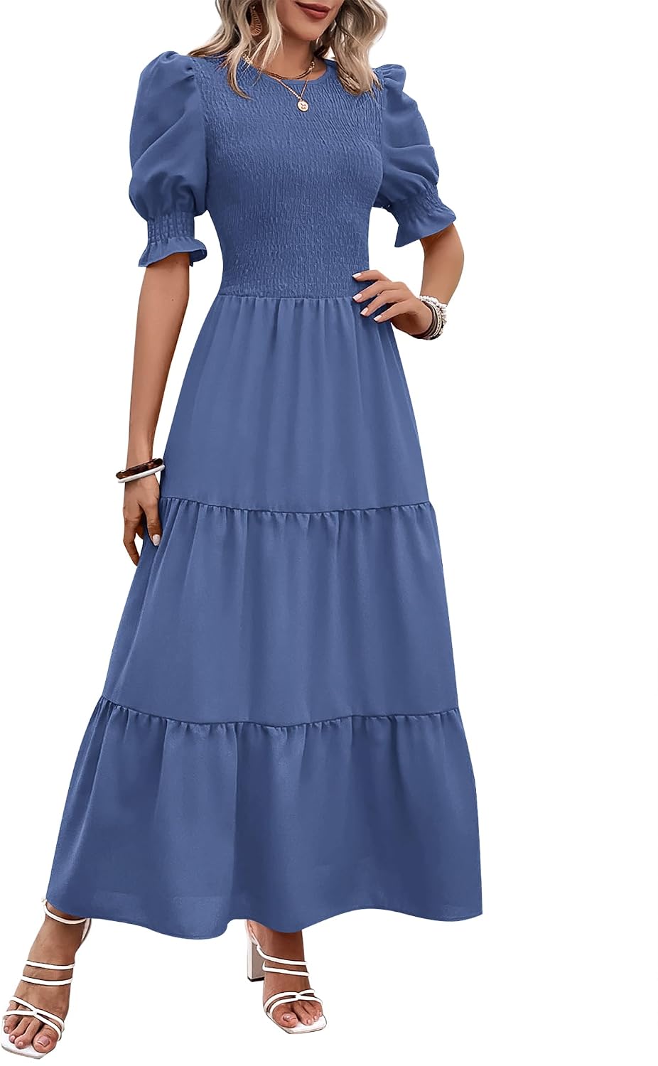 BTFBM Women Casual Summer Dresses 2026 Spring Crew Neck Ruffle Short Sleeve Smocked Floral Boho Flowy Maxi Dress Clothes