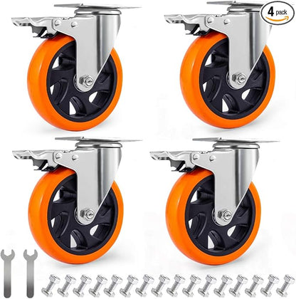 DL 5 Inch Swivel Casters Wheels 1500lbs Heavy Duty Castors with Brake Polyurethane Dual Locking Casters Set of 4 Orange DL-I5-001