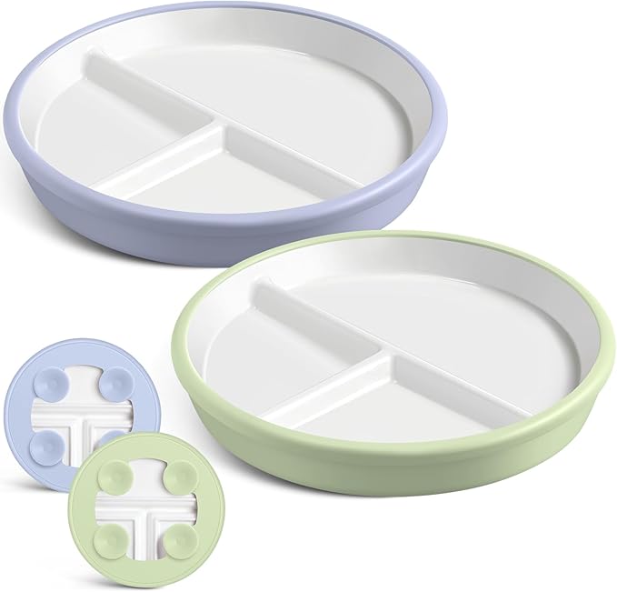Domensi 8" Porcelain Kids Plates with Anti-slip Silicone Sleeve White Divided Porcelain Plates with Suction for Toddler Microwave Dishwasher Friendly(Blue, Green,2 Pcs)