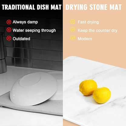 Stone Dish Drying Mats for Kitchen Counter, Ultra Absorbent, Fast Dry, Non-Slip, Heat Resistant, Eco-Friendly Diatomaceous Earth Mat for Baby Bottles, Dishes, and More(16x12 inch, Whtie Marble)