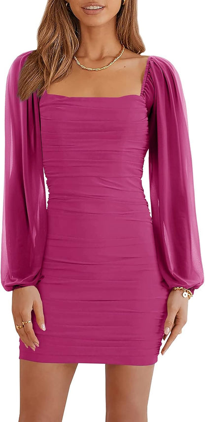 Stylish Wenrine dress with square neck, mesh sleeves, ruched detailing, and bodycon fit for a sleek, sophisticated look.