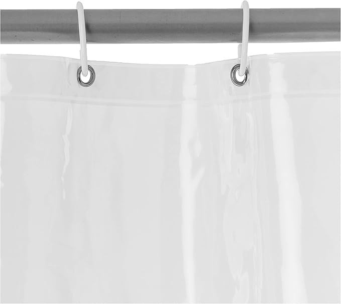 Basics Water Resistant 8-Gauge PEVA Shower Curtain Liner with Metal Grommets and Plastic Hooks, 72"L x 72"W, Clear