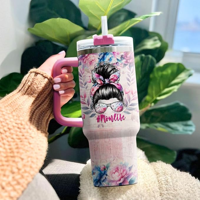 To Rose Handle Parade For Steel Flower Mommy Eleven Momma Mama Funny, Mom Gifts, Mom Life Messy Bun Floral Nutrition Facts, Tumbler 40 Oz With Handle Lid And Straw