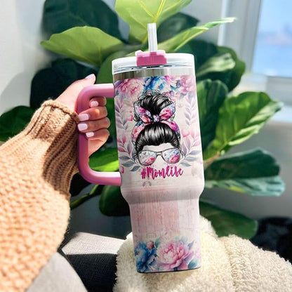 To Rose Handle Parade For Steel Flower Mommy Eleven Momma Mama Funny, Mom Gifts, Mom Life Messy Bun Floral Nutrition Facts, Tumbler 40 Oz With Handle Lid And Straw