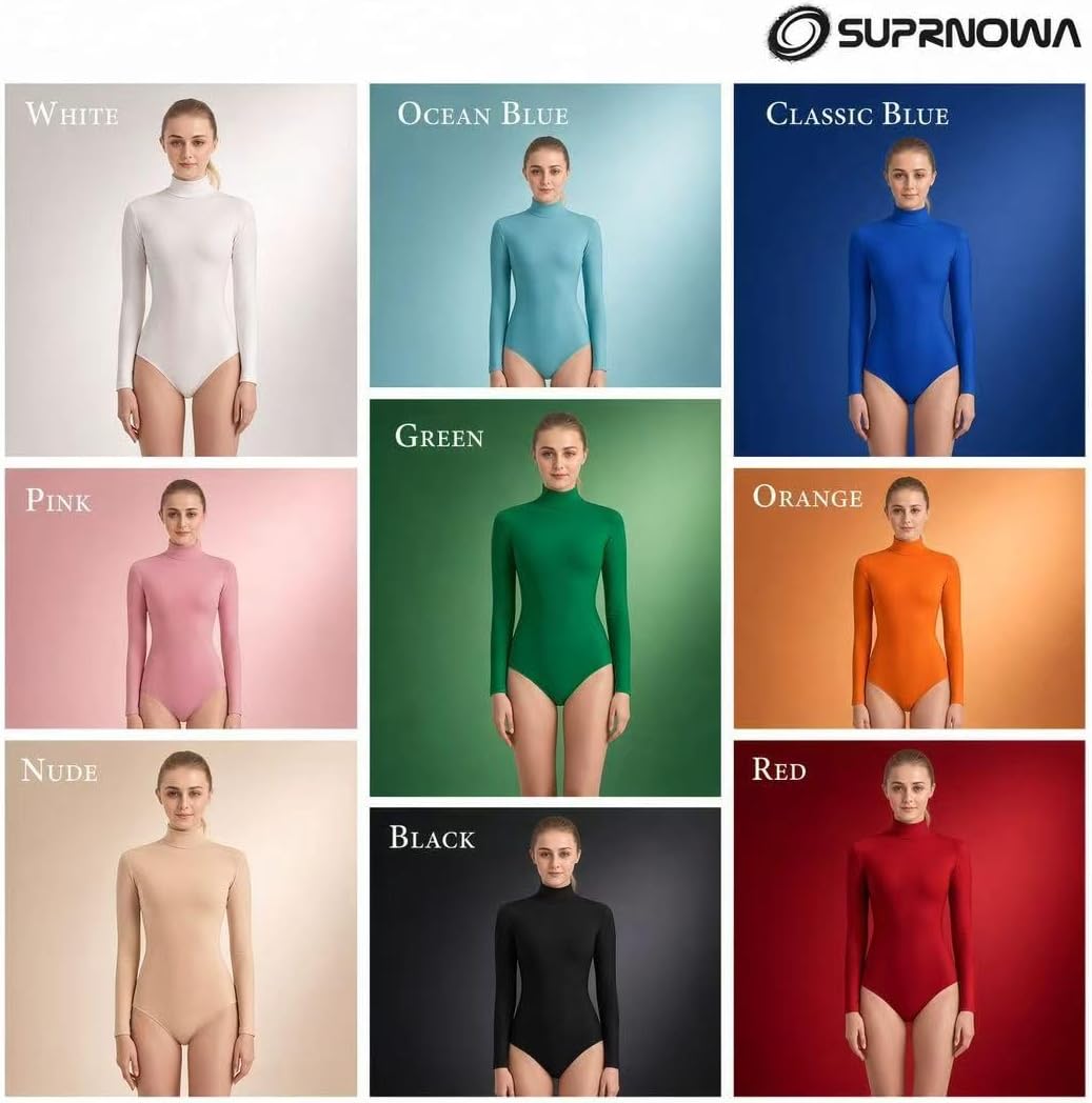 Turtleneck Leotard Long Sleeves Spandex Dance Workout Fitness Bodysuit for Women