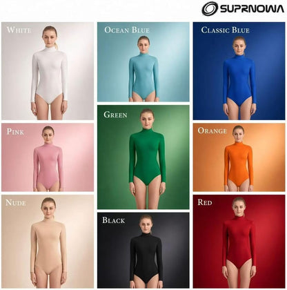 Turtleneck Leotard Long Sleeves Spandex Dance Workout Fitness Bodysuit for Women