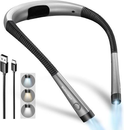 Glocusent Book Light, 3-Color  6-Brightness Reading Light, Bendable Neck Light, 80-hr Lasting Rechargeable Lamp, Perfect Book Light for Reading in Bed, Knitting, Camping, Repairing, Book Lovers Gifts