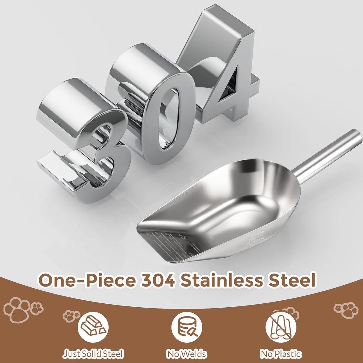 Pet cat-dog food-scoop measuring 1-cup - Food-grade 304 stainless steel material | 1-Cup capacity | Precision scale measurements