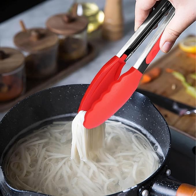 Stainless Steel Serving Kitchen Food Tongs with Non-Slip Silicone Grip for Serving, Cooking (Gray 9 inch)