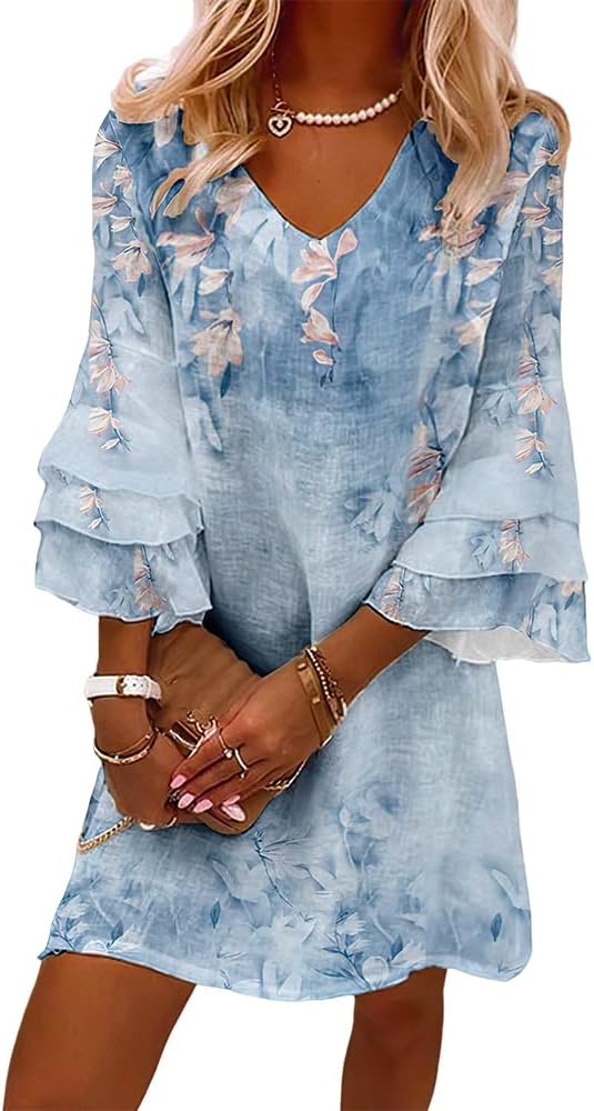 Women's Casual Boho Floral Print Dress Loose V Neck 3/4 Wave Bell Sleeve Flowy Mini Beach Summer Dresses for Women