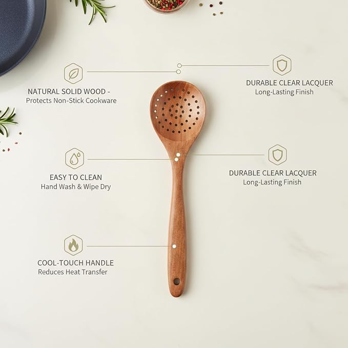 Solid Wood Cooking Utensil Set with Clear Lacquer Finish for Non-Stick Cookware, Natural Brown Kitchen Tools