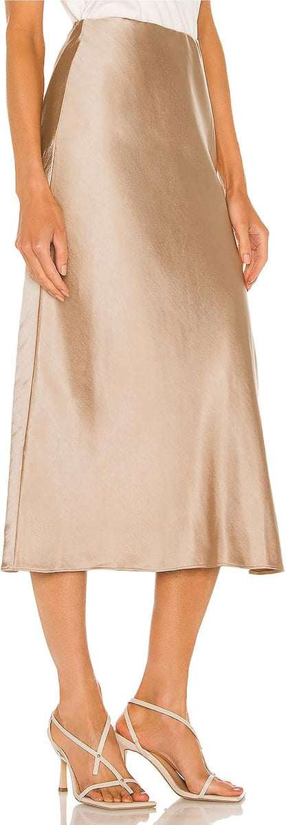 Skrtimory Womens Satin Silk High Waist Slit Midi Skirt Elastic Waistband Midi Skirts for Women.