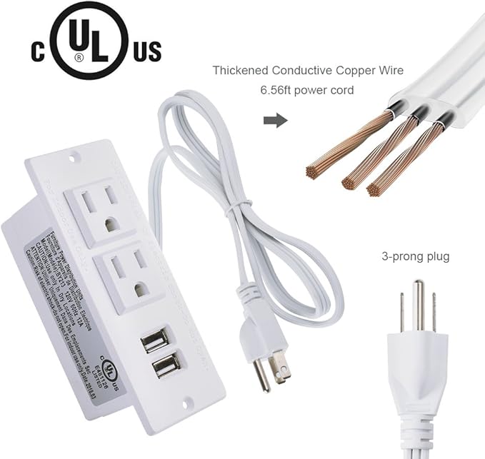 Conference Recessed Power Strip Socket with USB Ports,Table Power Strip,Desktop Charging Station with 2-Outlets and 2 USB Ports