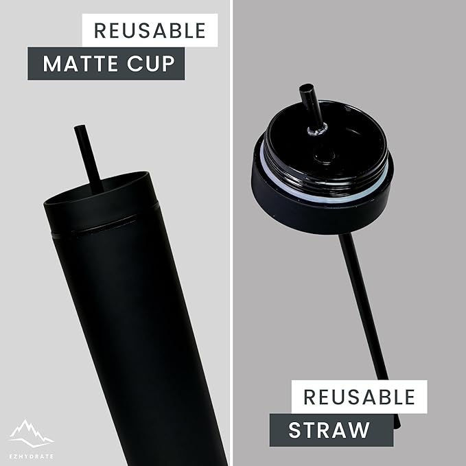 SKINNY TUMBLERS 4 Pack - Matte Pastel Colored Acrylic Tumbler with Lid and Straw- Perfect for Home, Parties, Travel 16oz Double Wall Reusable Plastic Tumbler w Straw Cleaner INCLUDED,BLACK