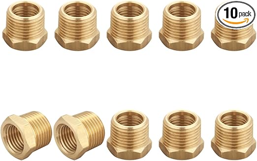 3/8 Inch Male x 1/4 Inch Female Reducing Adapter, NPT Brass Hex Bushing, Hex Head Pipe Fitting (Pack of 10)