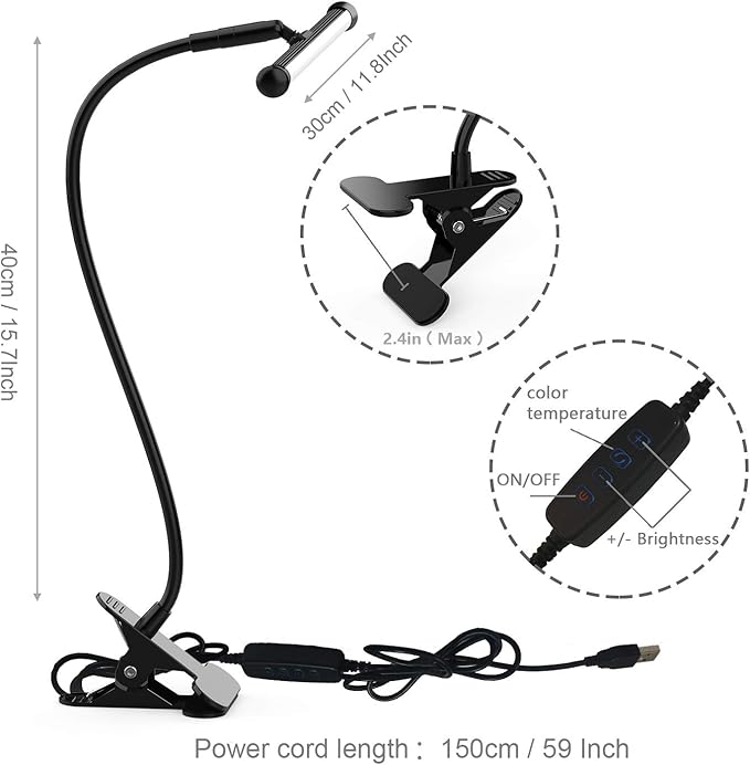 YOUKOYI LED Desk Lamp with Clamp, Flexible Gooseneck Arm Drafting Table Lamp, 10 Brightness Levels, 3 Color Modes, Can be Power by USB, 5W for Headboard, Workbench, Studio, Bedside Reading - Black