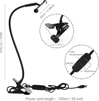 YOUKOYI LED Desk Lamp with Clamp, Flexible Gooseneck Arm Drafting Table Lamp, 10 Brightness Levels, 3 Color Modes, Can be Power by USB, 5W for Headboard, Workbench, Studio, Bedside Reading - Black