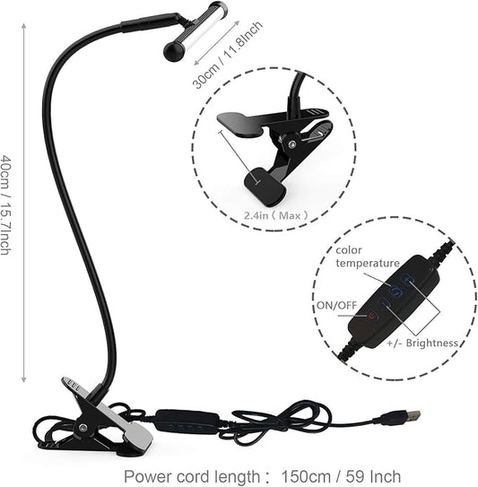YOUKOYI LED Desk Lamp with Clamp, Flexible Gooseneck Arm Drafting Table Lamp, 10 Brightness Levels, 3 Color Modes, Can be Power by USB, 5W for Headboard, Workbench, Studio, Bedside Reading - Black
