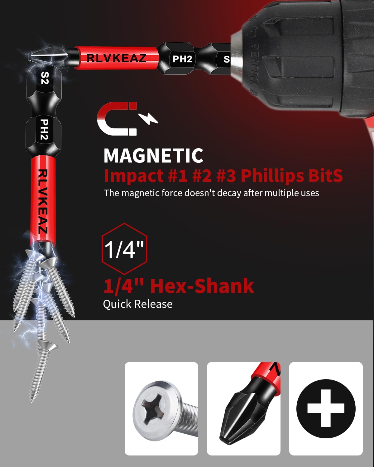 10-Pack Phillips Bits #1#2#3 Impact Magnetic, 2 Inch Phillips Head Drill & Screwdriver Bits Set, Premium S2 Steel, 1/4" Hex-Shank, (PH1/PH2/PH3) for Power Drill, Professional & DIY